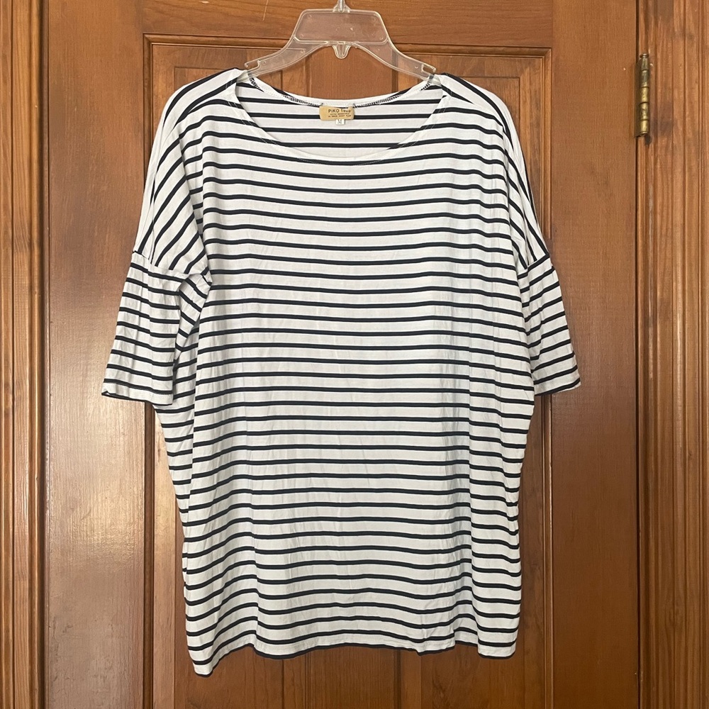 Piko 1988 Navy & White Striped Drop Shoulder Tee, Elbow Length Sleeve, Size M